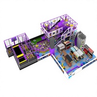 Parc de jeux intérieur commercial à thème violet magique avec zone de trampolines, aire de jeux de rôle, magasin, piscine à balles océaniques et aire de jeux souple pour enfants
