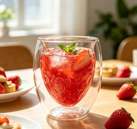 Tasse en verre borosilicate à double paroi faite à la main, motif fraise en relief, résistante à la chaleur, pour café, thé, lait, usage domestique Wuso