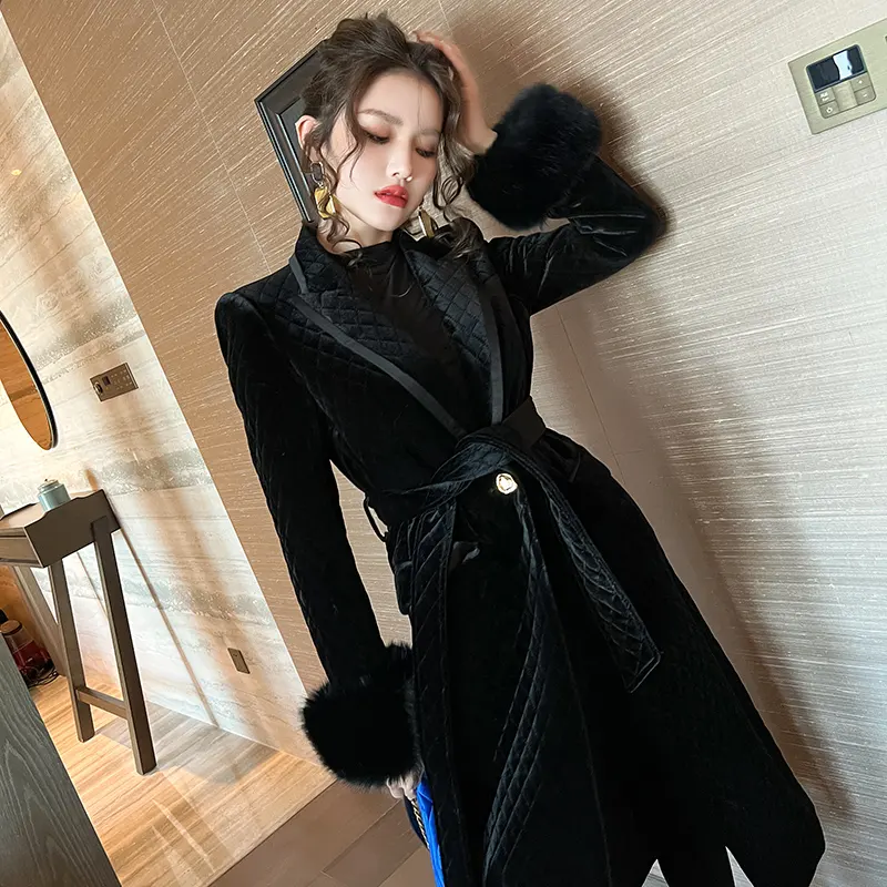 ZYHT 6212 Winter Clothing Ladies Black Velvet Turn-down Collar Solid Color Trench Overcoat Long Coat for Women with Belt