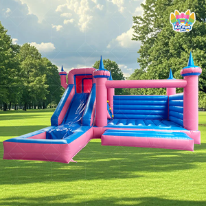Château gonflable avec souffleur, pour fêtes, usage commercial, extérieur, sec ou humide, rose et bleu, avec toboggans - Product Image 1