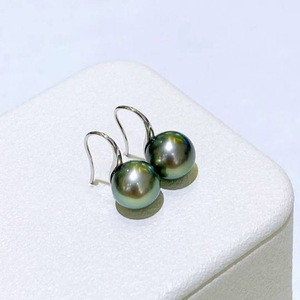 S925 Sterling <b>Silver</b> Tahitian Pearl Hook <b>Earrings</b>, 9-10mm Aurora Peacock Green Cultured Seawater Pearl Near Round for women - Product Image 5