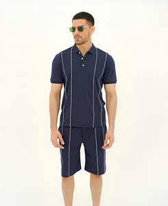 Men's <b>Navy</b> <b>Blue</b> Striped Polo <b>Shirt</b> And Shorts Set Casual Summer Wear Breathable Knitted Cotton Fabric - Product Image 1