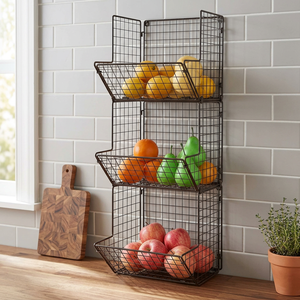 Étagère de rangement à 3 niveaux en fil métallique noir pour fruits et légumes, organisateur de comptoir de cuisine et de garde-manger, panier suspendu empilable - Product Image 6
