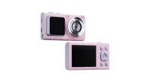 Cámara digital compacta CAM-07 con doble pantalla, sensor CMOS y soporte para tarjetas Micro SD en colores rosa, blanco y negro - Product Image 3