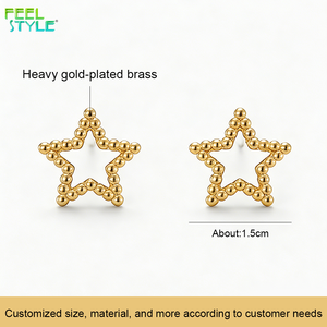 Boucles d'oreilles clous en laiton plaqué or véritable, design original, motif étoile et boule, fabrication sur mesure en gros, excellent choix pour les entreprises - Product Image 5