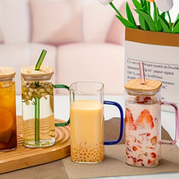 Gobelet créatif de style américain en verre coloré avec paille, poignée en bois, couvercle en bambou, anti-fuite, réutilisable, cadeau d'affaires, pour boissons glacées