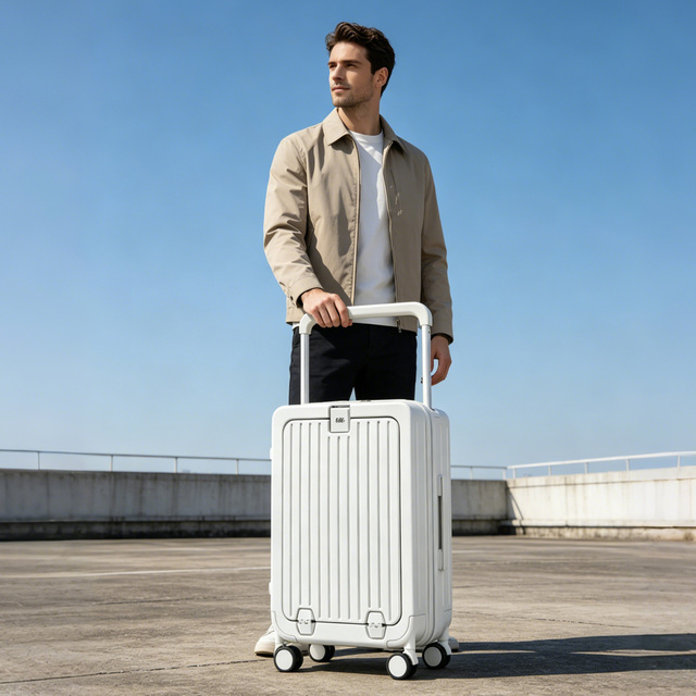 US Warehouse 20 Inches Hard Shell Trolley Suitcase Luggage Waterproof Lightweight Front Open Travel PC Luggage with Cup Holder