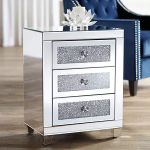 Modern Mirrored Glass Nightstand Wtih 3 Drawers For Bedroom