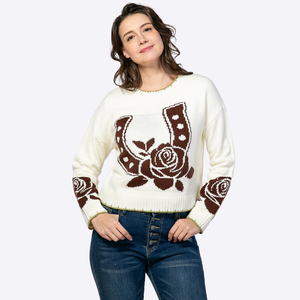 <span class=keywords><strong>Pull</strong></span> court tricoté à col rond pour <span class=keywords><strong>femme</strong></span>, motif intarsia fer à cheval rose western, bord ondulé vert contrastant, fabrication sur mesure - Product Image 4