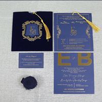 Carte d'invitation de mariage de poche en velours bleu marine avec pompon en or papier feuille d'or Invitations cartes RSVP de luxe