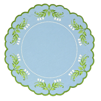 Napperons en lin festonnés avec broderie Muguet, bleu clair, motif floral moderne, pour mariage printanier, lavables à l'eau, décoration de table.