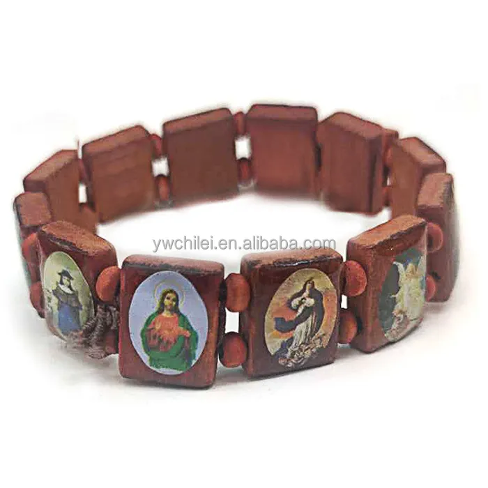 Bracciale elastico in legno a piccolo pannello con immagini di santi religiosi Gesù e Rosario