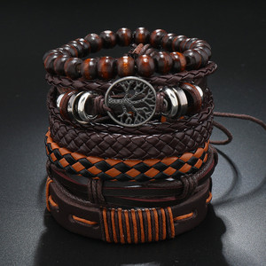 Ensemble <span class=keywords><strong>de</strong></span> bracelets en cuir tressé vintage pour hommes, perles en bois, bracelets <span class=keywords><strong>arbre</strong></span> <span class=keywords><strong>de</strong></span> <span class=keywords><strong>vie</strong></span>, bijoux - Product Image 4