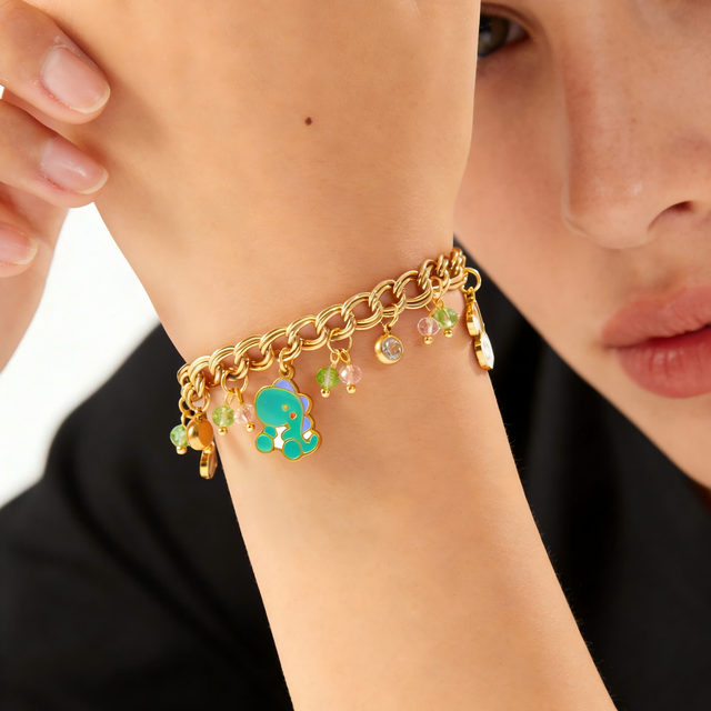 Cute Cartoon Charm Bracelet Stainless Steel 18K Gold Plated Chain Bracelet with Enamel Charms for Women Girls