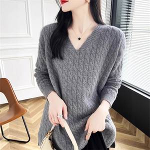 Nouveau pull pull à col en V pour femmes, pull ample décontracté, chemise à manches longues de couleur unie - Product Image 4