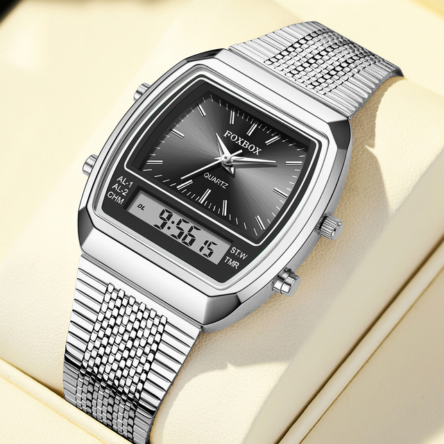 LIGE FB0097 Dual Digital Time Zone Sport Square Wristwatch for Men Waterproof Stainless Steel Electronic Luminous Ladies Watch