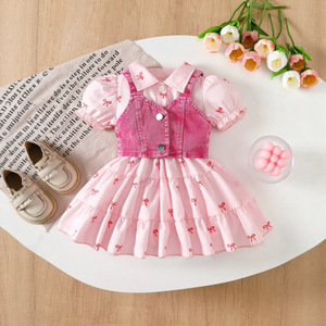 Completo estivo in cotone per bambina, stile europeo-americano, nuovo arrivo, con <span class=keywords><strong>vestito</strong></span> stampato con fiocco e bretelle in denim, trattamento morbido - Product Image 6
