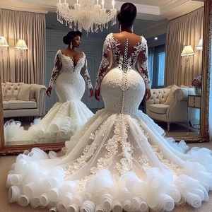 Vestido de Novia Romántico 2026 con Cuentas y Encaje, Manga Larga, Estilo Sirena con Volantes, Vestido Formal Aso Ebi, Vestido de Novia Personalizado - Product Image 1