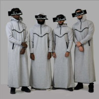 Jubba untuk pria Arab Thobe Kaftan buatan tangan Thobe gaun panjang Navy dengan halus putih bordir