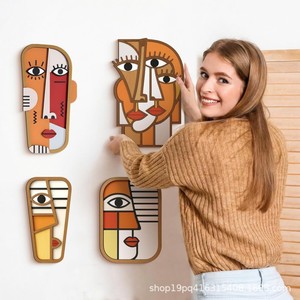 Modern Abstract Geometric Wooden Face Wall Decor 6 Piece Set DIY Holiday Hanging <b>Plaque</b> for <b>Home</b> Party Gift - Product Image 4