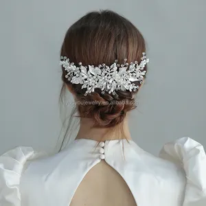 Moda el yapımı boncuk kristal Metal yaprak gelin düğün Headdress aksesuarları parti balo yan tarak