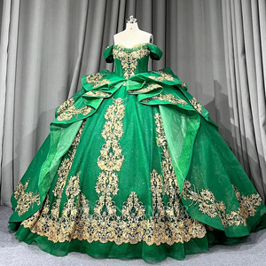 Robe de bal vert Lsmu182 longue jusqu'au sol, style Quinceañera, avec traîne chapelle, en satin moderne et dentelle imprimée, pour adolescentes Jancember - Product Image 6