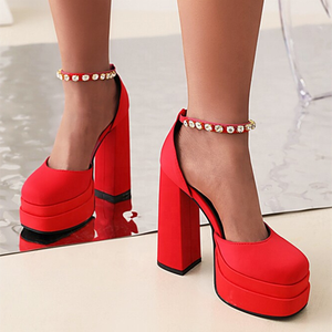 Sandales d'été pour femmes à talons épais et plateforme, bout carré, avec diamants et bride de cheville, pour soirées, grande taille 48 - Product Image 5