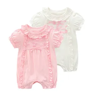 Wholesale Summer white pink girl clothes 100% cotton plain baby girl rompers clothes baby jumpsuit baby body