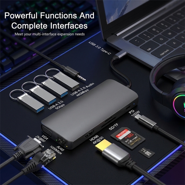 USB Hub 3.0 11 in 1 Type C to 4K Compatible Adapter with RJ45 SD/TF Card Reader PD100W Fast Charge for Notebook Laptop Computer