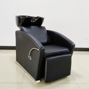 Fauteuil de lavage noir inclinable pour salon de coiffure, lit de lavage de cheveux avec cadre métallique et bac, pour institut de beauté et salon de barbier - Product Image 1