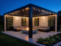 Moderne Luxus-Aluminium-Pergola mit Glas-Schiebetür und Heizung Motorisiertes Lamellendach für Villa Garten Terrasse