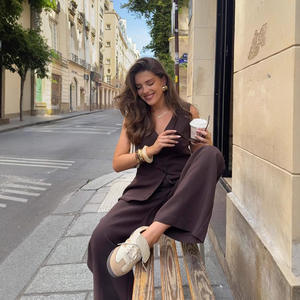 Conjunto de Dos Piezas para <span class=keywords><strong>Mujer</strong></span>, Estilo Casual de Primavera/Verano, Top sin Mangas <span class=keywords><strong>con</strong></span> Tirantes y Pantalones Anchos Estilo Francés - Product Image 3