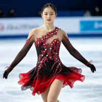 Robe de patinage artistique à dégradé noir et rouge, manches longues, dos profond en maille, strass, costume de compétition personnalisé pour enfants, adolescents et adultes