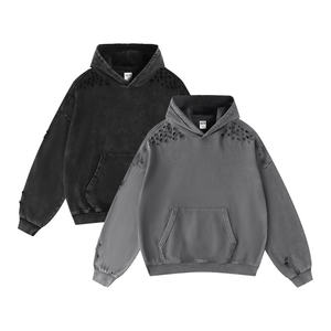 Custom Oversize 380gsm French Terry Acid Washed Snow <b>Wash</b> Distressed Ripped Vintage Unisex Hoodie Sweatshirt For Men Women - Product Image 1