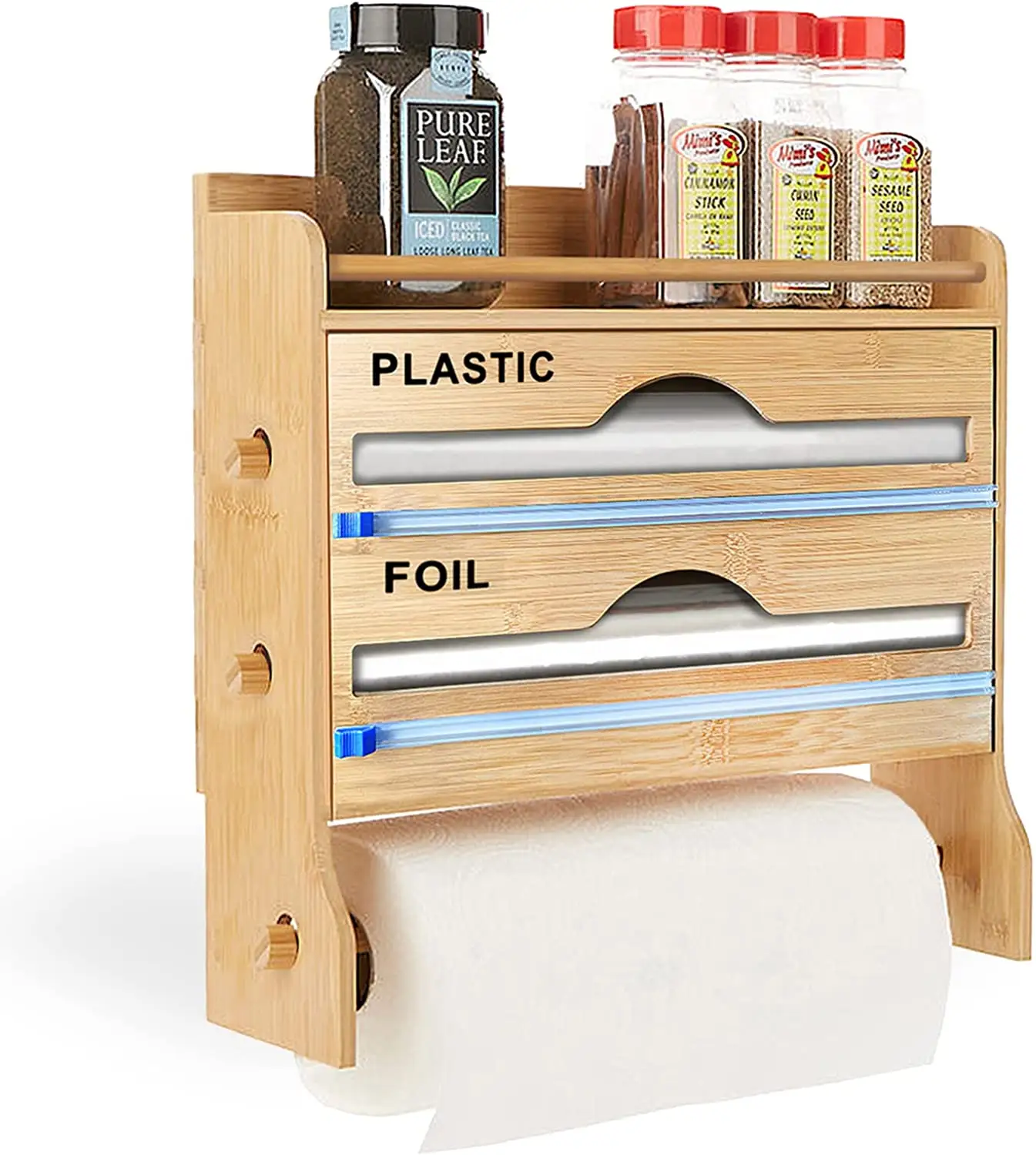Bamboo 4 in 1 Foil and Plastic Wrap Organizer with Cutter Kitchen Paper Towel Holder Wall-Mounted Dispenser Spice Jars Organizer