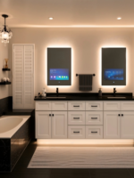 Miroir de salle de bain intelligent avec écran tactile étanche, panneau LED rétroéclairé en verre vertical sans cadre, affichage caché, TV intégrée pour hôtel et coiffeuse