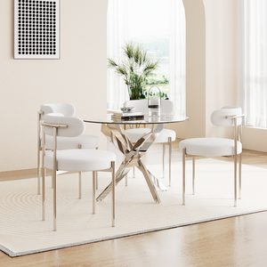 Contemporary Nordic Luxury 4-Seater <strong>Dining</strong> <strong>Table</strong> Set Modern <strong>White</strong> Chairs &amp; Round Glass <strong>Table</strong> with Silver Steel Home Use - Product Image 4