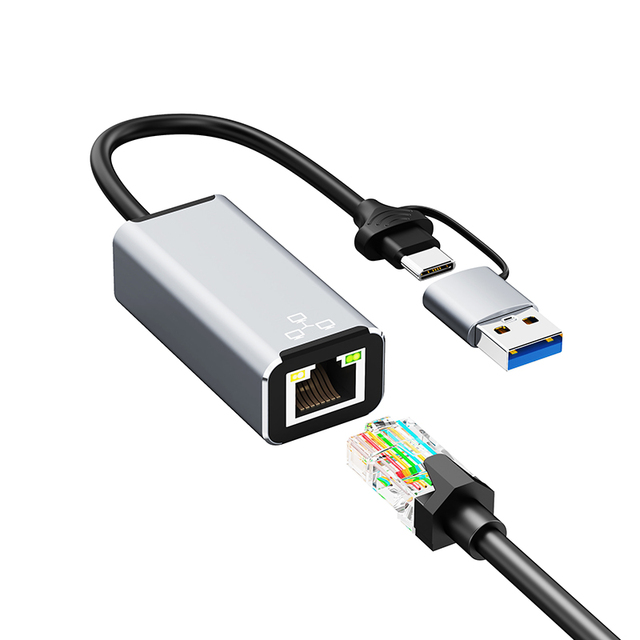 2 in 1 New Factory Wholesale Aluminum Alloy Multiple USB C USB a to 1000Mbps Ethernet RJ45 Adapter for Phone and Laptop