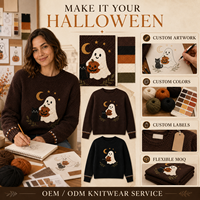 Pull court en maille à col rond pour femme, thème Halloween, avec appliques fantôme, chat noir, citrouille et lune, personnalisation du logo OEM disponible
