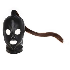 Cosplay cuero tocado capucha con pelo BDSM fetiche Bondage peluca cabeza capucha para juegos de rol juegos sexuales - Product Image 2
