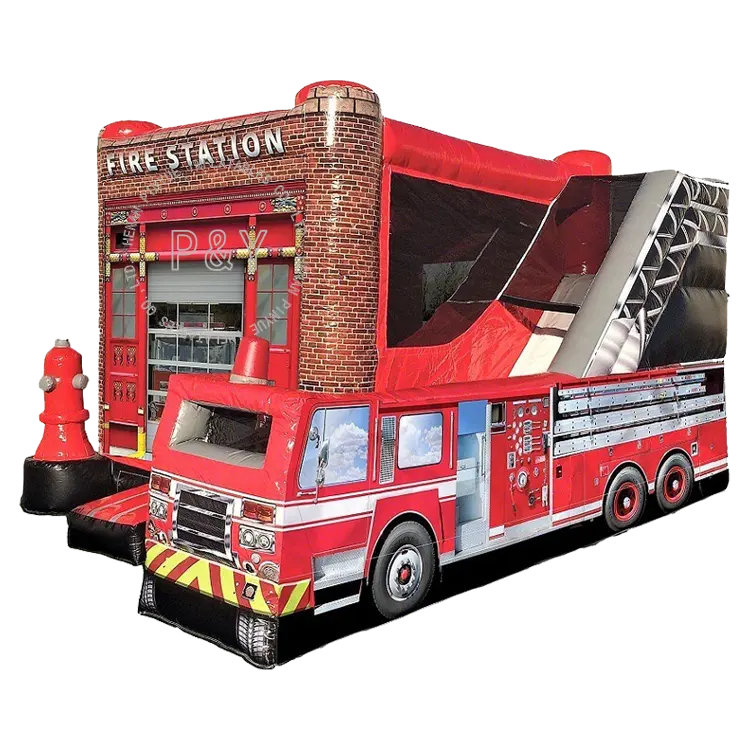 Stasiun Pemadam Kebakaran Tiup Truk Pemadam Kebakaran Combo Bouncer Brincolin Con Resbaladilla Rumah Goyang dengan Blower