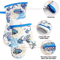 Ensemble de 5 pièces d'accessoires de cuisine à motif océanique : Tablier en coton imperméable sans manches, gants de four anti-brûlure écologiques et protège-ustensiles