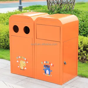 Anaokulu okul eğlence parkı kare UV baskı karikatür metal çöp kutusu açık büyük çöp sıralama çöp kutusu