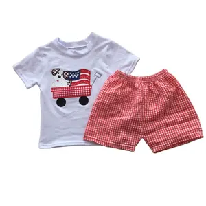 4. Juli Baby Boy Sommer Kleidung Stickerei Flagge Shirt Top Kinder Red Plaid Shorts Kind Großhandel Kleinkind Outfit Kleinkind Set