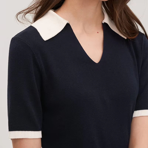 Fabricante de prendas de punto logotipo personalizado algodón seda punto bloque de color cuello vuelto manga corta Polo camiseta suéter para <span class=keywords><strong>mujer</strong></span> - Product Image 6