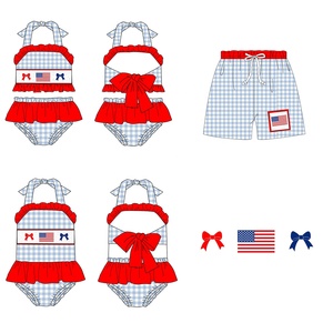 July 4th Kids Swimming <strong>Suits</strong> Blue Gingham Smocked Children Clothing <strong>Toddler</strong> KIDS <strong>Swim</strong> <strong>Suits</strong> - Product Image 1