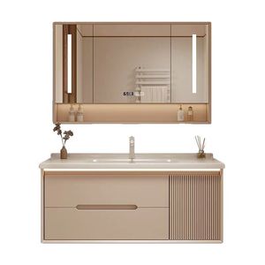 New-style Warm Yellow Bathroom Cabinet <b>Smart</b> Mirror Cabinet Space Storage White Sink Wall-mounted - Product Image 1