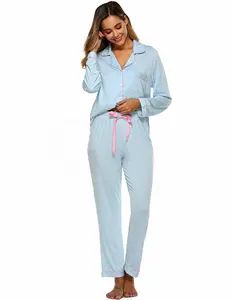 Conjunto de pijama personalizado feminino, conjunto de pijama de manga longa com botão, roupa de dormir para mulheres, duas peças