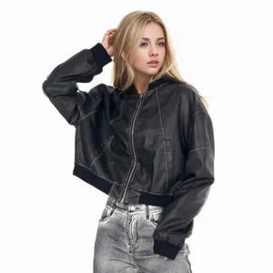 Custom Pu Long Sleeve Jacket Autumn Casual Loose And Versatile Bottom Zippered Womens Cut Out Leather Jacket For Women