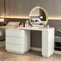 Nouvelle Arrivée Coiffeuse de Luxe Française avec Plateau en Marbre Blanc, Miroir LED, Tiroirs Côtelés Multiples et Extensibles pour Chambre à Coucher